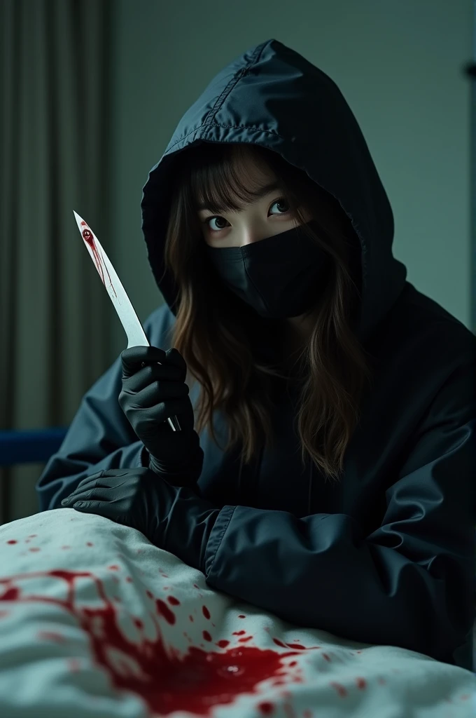 korean girl, (behind stiff, holding knife), black surgical mask, black gloves, crazy eyes, bed room, black raincoat, holding knife, hood up, , black gloves, looking at viewer, behind cadaver, blood splatter, bed room, night, mass murderer, killer, wavy hair, blood splatter, dark atmosphere, cinematic lighting, atmospheric realistic, close-up, tripod and camera in the back, shooting with camera
