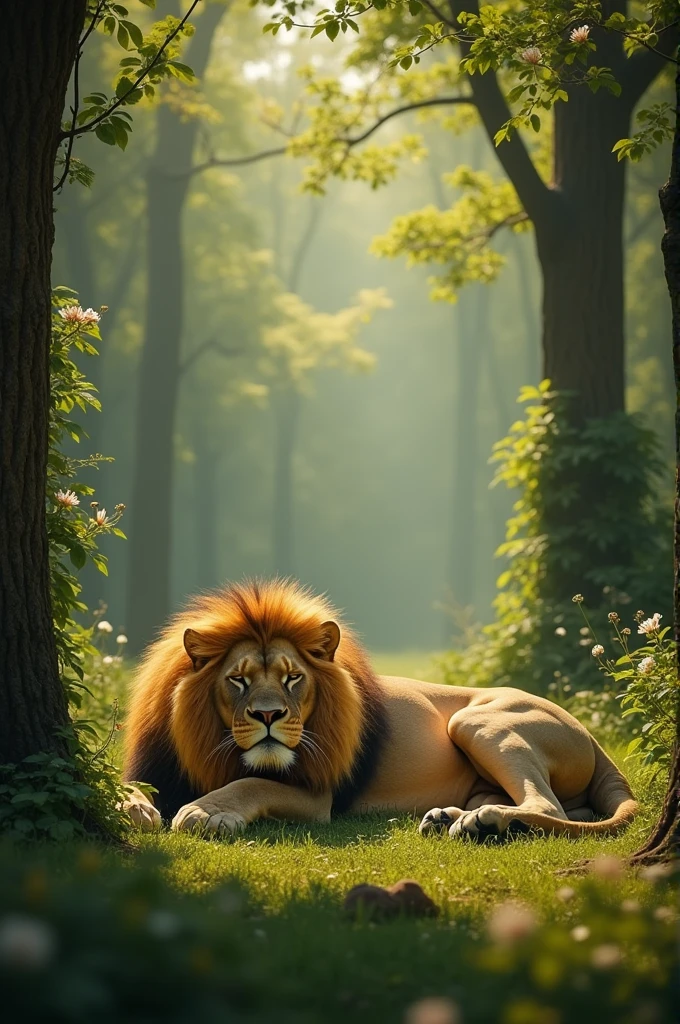 Image of the Lion Sleeping:A majestic lion sleeping peacefully in a forest with a calm, serene backdrop of trees and foliage.