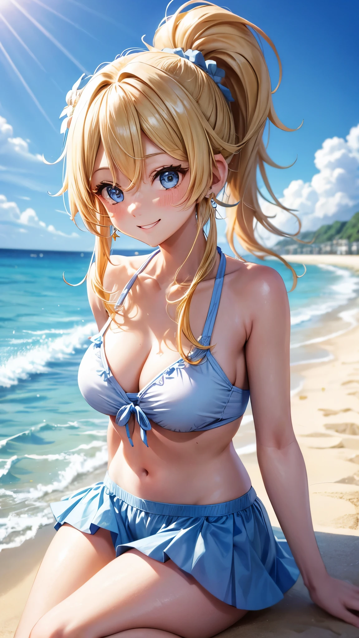 Cute 20-something with blonde hair、ponytail、The background is the beach、Your feet are in the sea、Looking shyly、Cute Bikini、A very happy smile、There are a lot of people around、High resolution, blue eyes, Earrings, Highest quality, Wear a light shirt