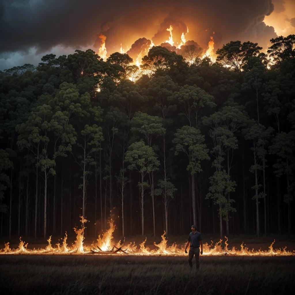 Forest with fire and deforestation due to the presence of deforestation machines in the background. In the foreground, endangered animals in Brazil, like a jaguar, looking wistfully at the destruction around him. The sky is full of dark clouds, symbolizing sadness and impending danger. em formato de outdoor