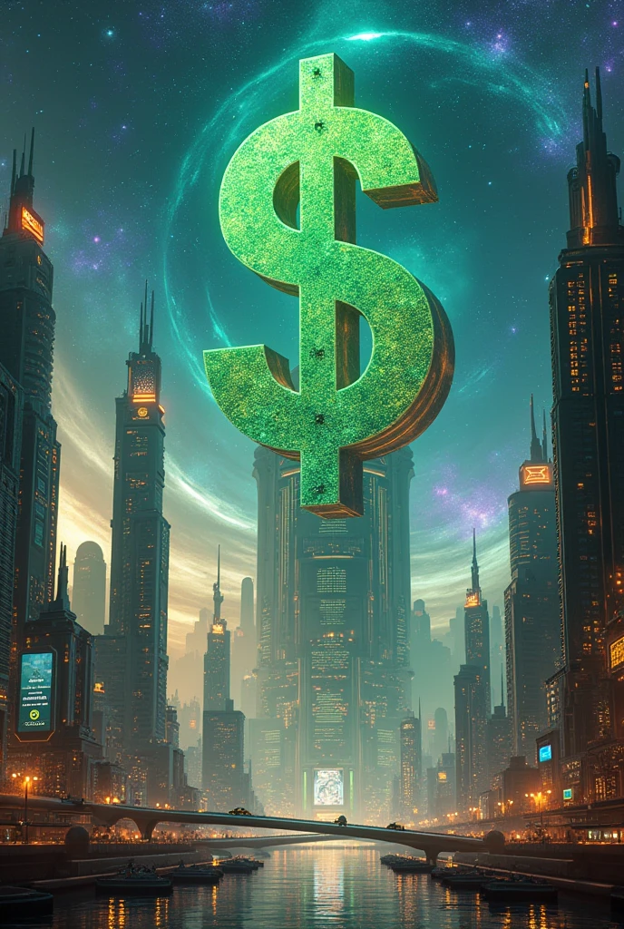 create an image of the futuristic planet with the dollar symbol