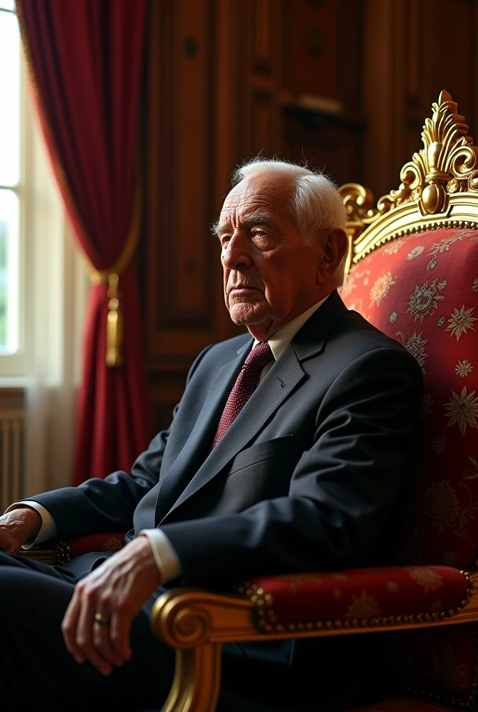 Old bald man from behind sitting on a presidential chair
