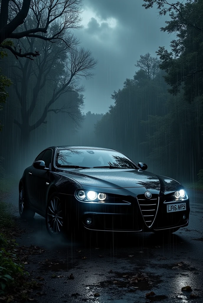 full black alfa romeo 2008 SW night storm in forest
