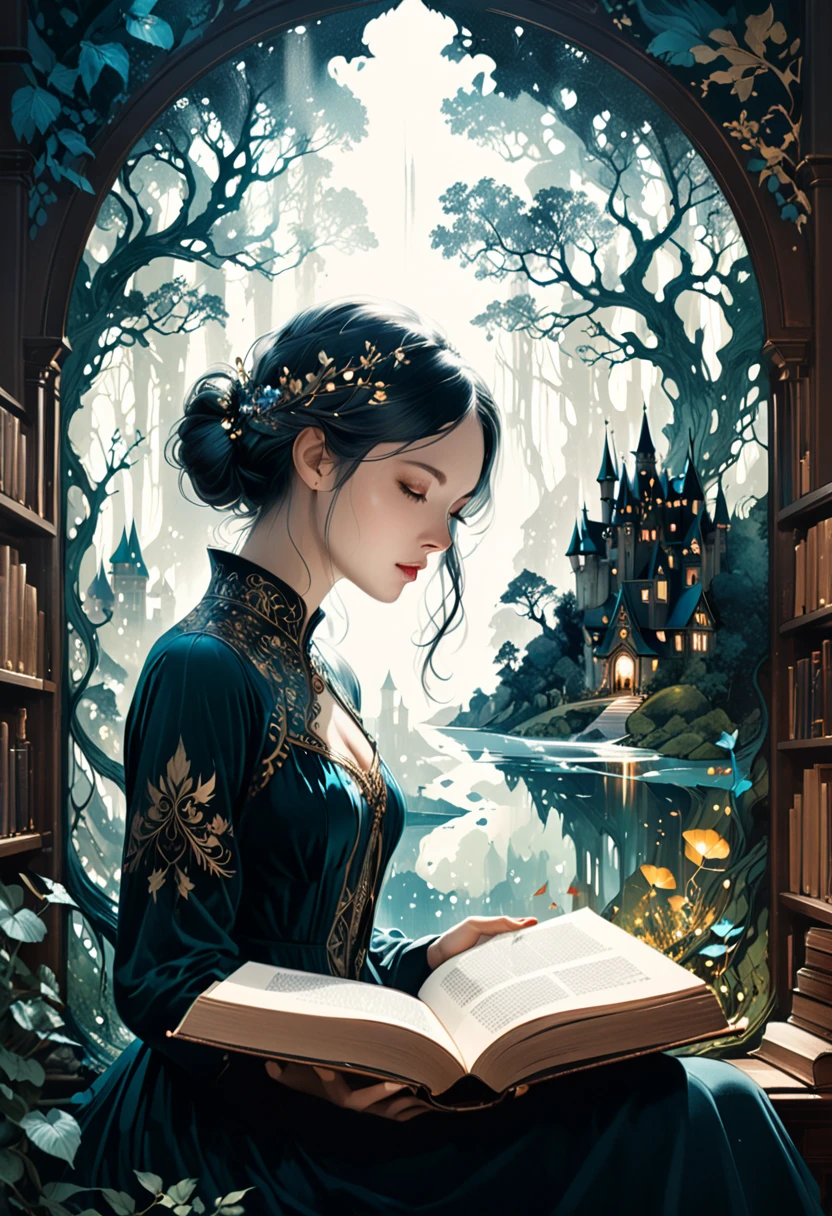 Hyperreal digital art style, "Fairytale", fantasy world coming out of centered book, open book, hyperdetailed double exposure fantasy illustration, masterpiece, cinematic, by Andreas Lie, Luke Gram, photorealism, backlit, gorgeous light