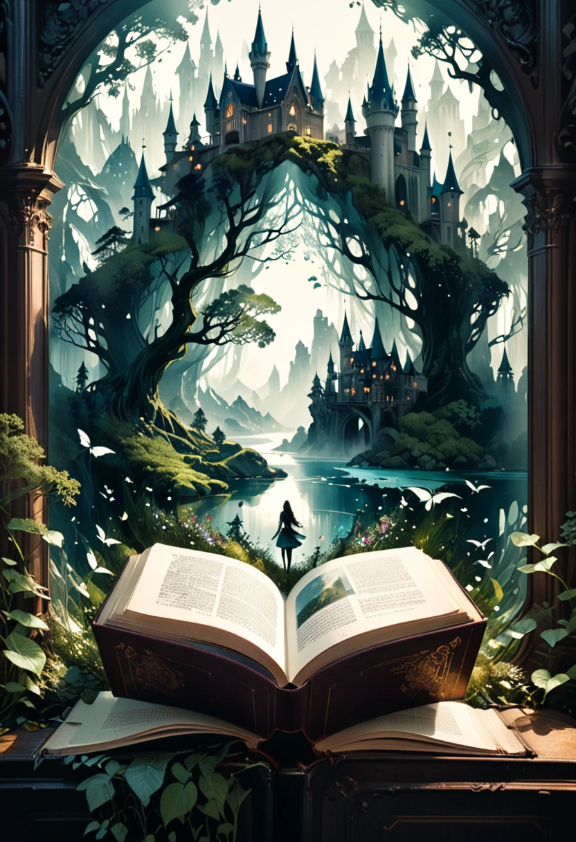 Hyperreal digital art style, "Fairytale", fantasy world coming out of centered book, open book, hyperdetailed double exposure fantasy illustration, masterpiece, cinematic, by Andreas Lie, Luke Gram, photorealism, backlit, gorgeous light