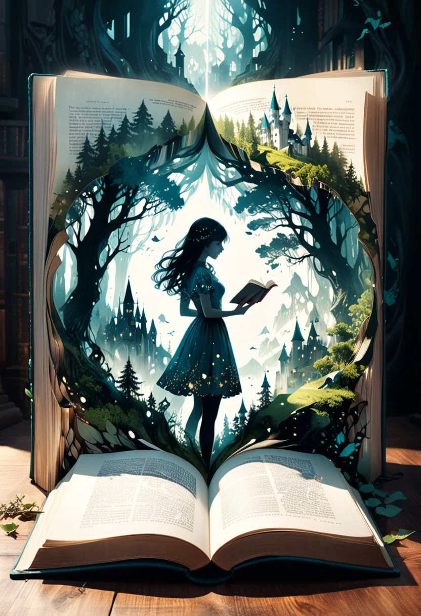 Hyperreal digital art style, "Fairytale", fantasy world coming out of centered book, open book, hyperdetailed double exposure fantasy illustration, masterpiece, cinematic, by Andreas Lie, Luke Gram, photorealism, backlit, gorgeous light