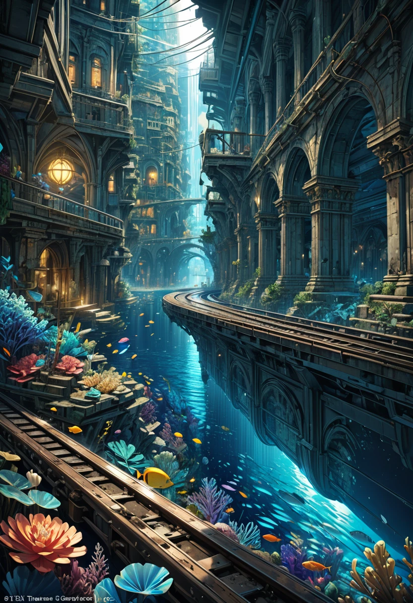 score_9, score_8_upper, score_7_upper,(((Fantastic underwater city))),Sea,Submersion,Artistic underwater city,A city sunk to the bottom of the sea,train,ruins,beautiful海,Sunken rail,(((Blue overall color))),summer,Streaks of light from the water surface,(masterpiece, Highest quality, Highest quality, Official Art, beautifull, beautiful:1.2,Ray Tracing),Very detailed,Blue tones,Very detailed, (Fractal Art:1.3), Most detailed, High resolution, Impressive visuals, (Dynamic Stripes, Light trail:1.2), Detailed Images