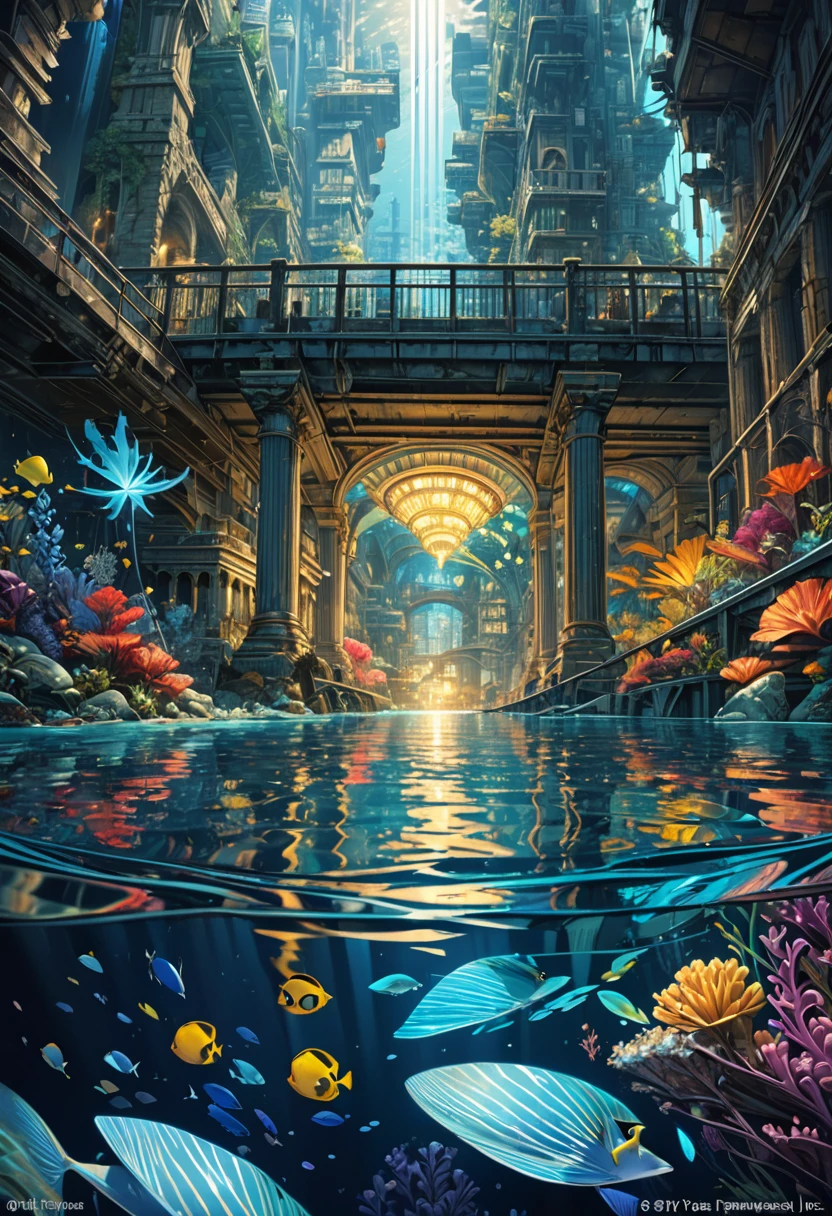 score_9, score_8_upper, score_7_upper,(((Fantastic underwater city))),Sea,Submersion,Artistic underwater city,A city sunk to the bottom of the sea,train,ruins,beautiful海,Sunken rail,(((Blue overall color))),summer,Streaks of light from the water surface,(masterpiece, Highest quality, Highest quality, Official Art, beautifull, beautiful:1.2,Ray Tracing),Very detailed,Blue tones,Very detailed, (Fractal Art:1.3), Most detailed, High resolution, Impressive visuals, (Dynamic Stripes, Light trail:1.2), Detailed Images