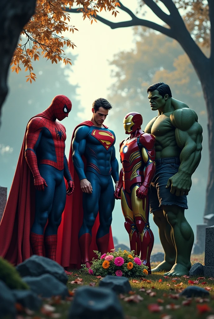 Venom has passed away. Spider-Man, Superman, Iron Man, and Hulk have gathered at his graveyard to pay their respects."