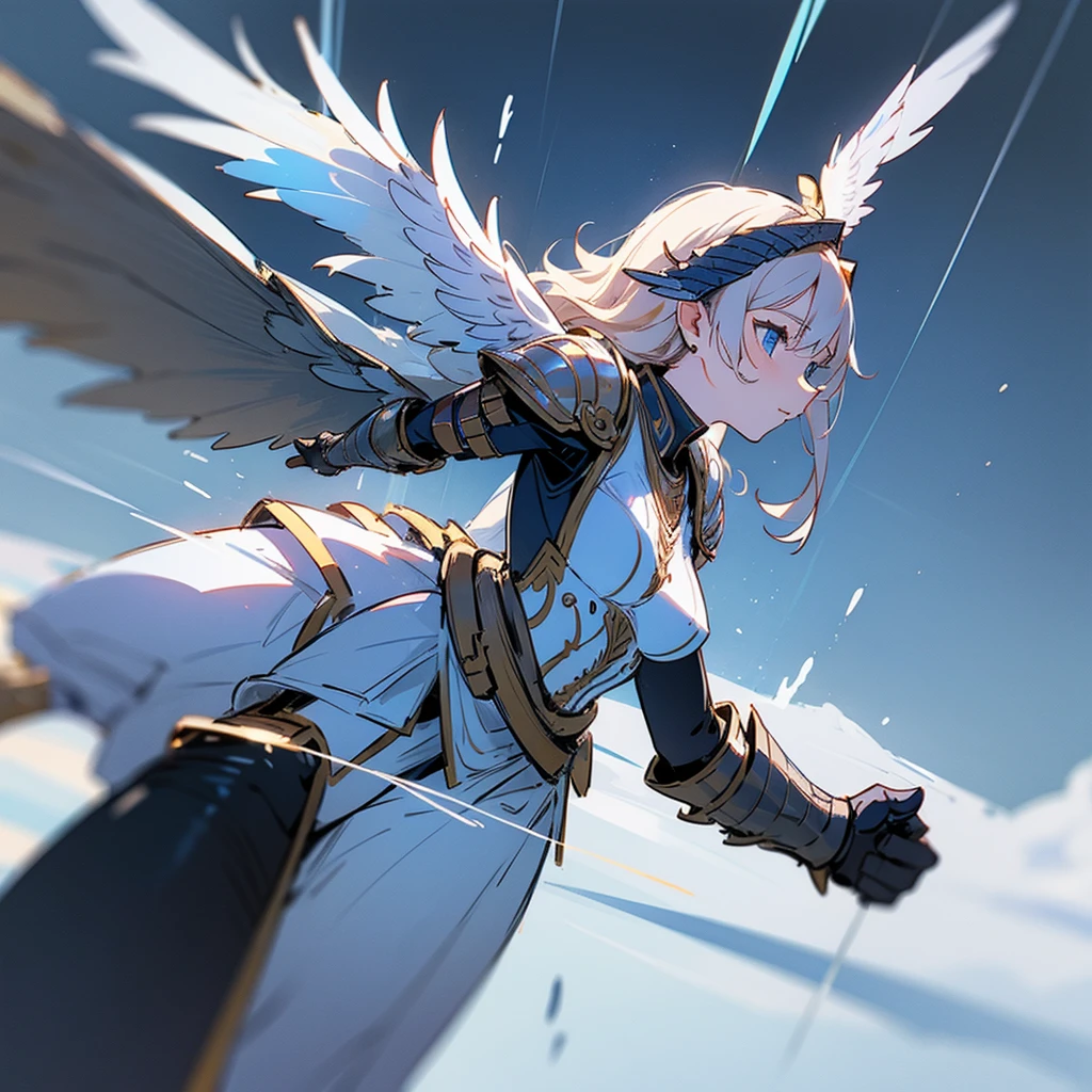Draw a Valkyrie with wings on her ears, armor and wings on the back 