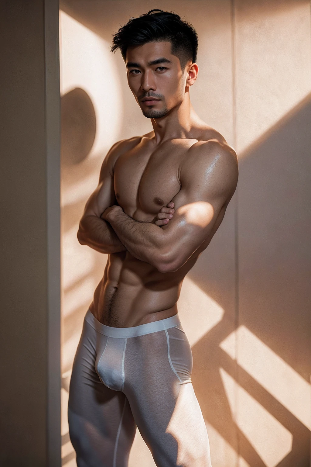 (Asian Man portrait:1.5),Masterpiece:1.5, Best quality:1.5, Solo:1.5,Asian Man:1.5,white wall background:1.5, skinny boy body:1.5, muscle body:1.5,sport body:1.5, big muscle:1.5, Handsome face:1.5,Dark Brown Hair Color:1.5,Natural eyes:1.5, athletic physique:1.5, slender:1.5,body hair:1.5, He was wearing tight White Calvin Klein underwear and curved legs.:1.5, perfect:1.5 , male:1.5,correct male scrotum:1.5, perfect scrotum:1.5, male structure:1.5, short detailed hair:1.5, Sexy guy:1.5, looking at viewer:1.5, standing:1.5,highest detail:1.5, superior quality:1.5, natural lighting, beautiful:1.5, sexy:1.5,correct anatomy:1.5, good composition:1.5, man focus:1.5,amazing composition:1.5, front view:1.5, HDR, volumetric lighting, ultra quality, elegant:1.5,vpl,the middle of the picture:1.5,Clear Focus: 1.5,Perfect Body virile: 1.5,pale skin:1.5, very pale skin:1.5, light skin:1.5,(Perfect fingers:1.5), (perfect arm shape:1.5),(perfect leg shape:1.5),(perfect body shape:1.5),(bulky bulge and medium butt:1.5),Undercut Hairstyle:1.5