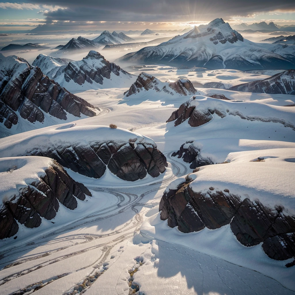 Create a sweeping aerial shot of the icy mountains of Arendelle, covered in snow and ice. The scene should convey a sense of vastness and cold, with the mountains towering under a thick, overcast sky. The atmosphere is ominous, hinting at an impending doom. The landscape is harsh and desolate, with the pale light filtering through the clouds casting long shadows on the snow-covered peaks.