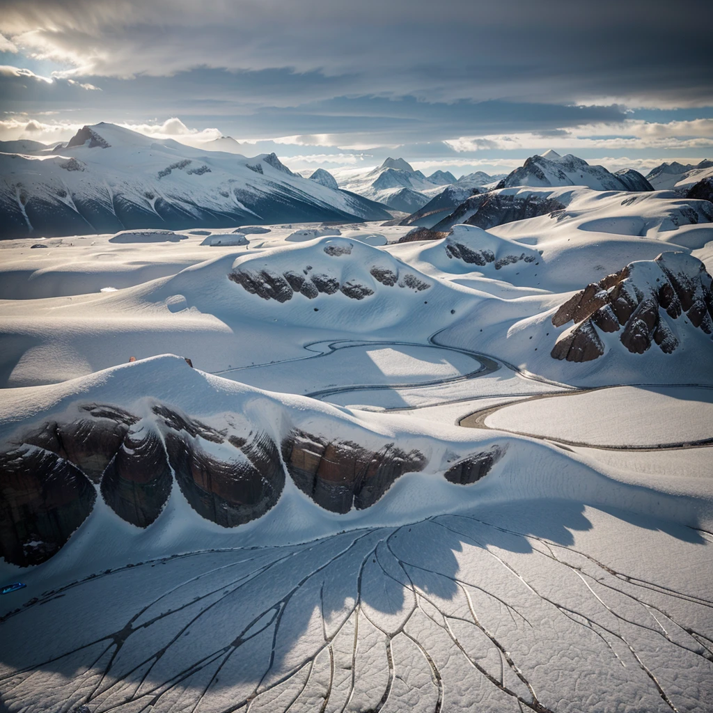 Create a sweeping aerial shot of the icy mountains of Arendelle, covered in snow and ice. The scene should convey a sense of vastness and cold, with the mountains towering under a thick, overcast sky. The atmosphere is ominous, hinting at an impending doom. The landscape is harsh and desolate, with the pale light filtering through the clouds casting long shadows on the snow-covered peaks.