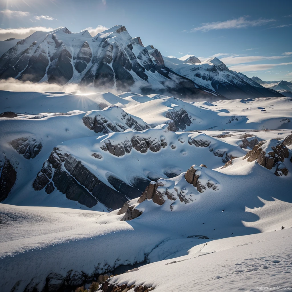 Create a sweeping aerial shot of the icy mountains of Arendelle, covered in snow and ice. The scene should convey a sense of vastness and cold, with the mountains towering under a thick, overcast sky. The atmosphere is ominous, hinting at an impending doom. The landscape is harsh and desolate, with the pale light filtering through the clouds casting long shadows on the snow-covered peaks.