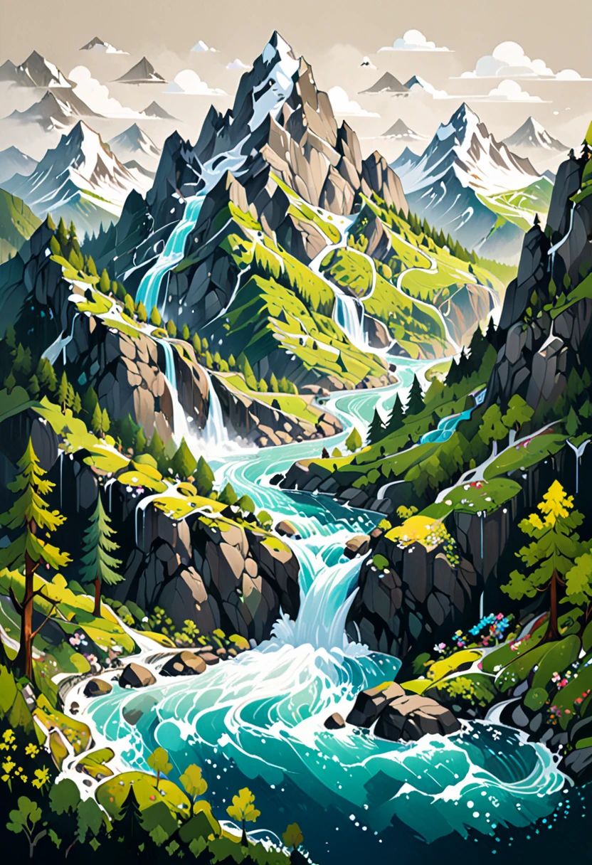 impressive painting of a mountain with trees and water, a detailed painting by Petros Afshar, shutterstock contest winner, environmental art, detailed painting, outlined art, 2d game art, isolated background for logo, strong contours, logo design