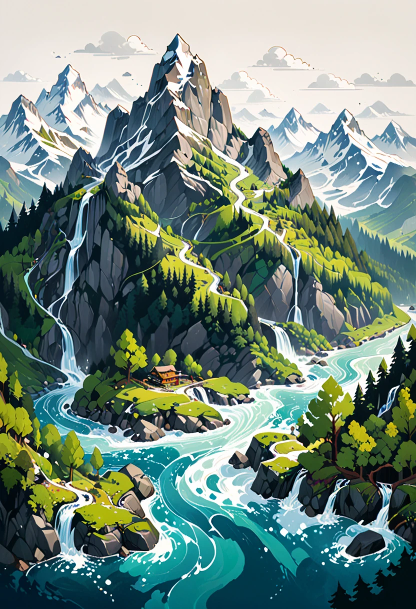 impressive painting of a mountain with trees and water, a detailed painting by Petros Afshar, shutterstock contest winner, environmental art, detailed painting, outlined art, 2d game art, isolated background for logo, strong contours, logo design