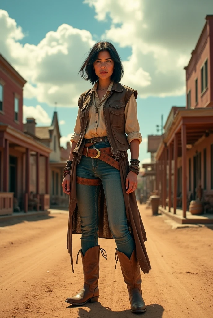 woman, 50 years old, small, shoulder-length black hair, western outfit, ready to shoot for the duel, western village from the 1895s, facing us