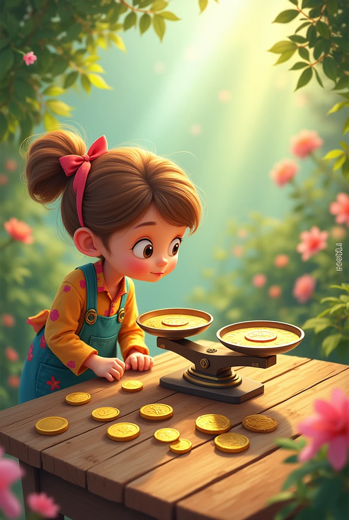 drawn in drawing form, one is in front of a small table on which there is a scale with two plates and twelve coins scattered around