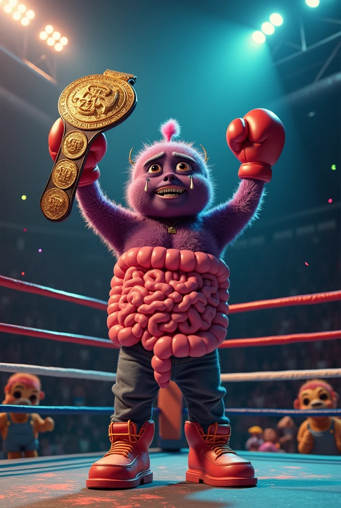A rapper small intestine lifting a championship belt and a darker large intestine crying