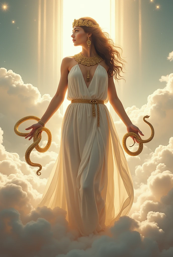 (photorealism:1.2), greek goddess, standing on the clouds, wearing white clothes, golden jewelry, left and right hand squeezing snake, light in background.