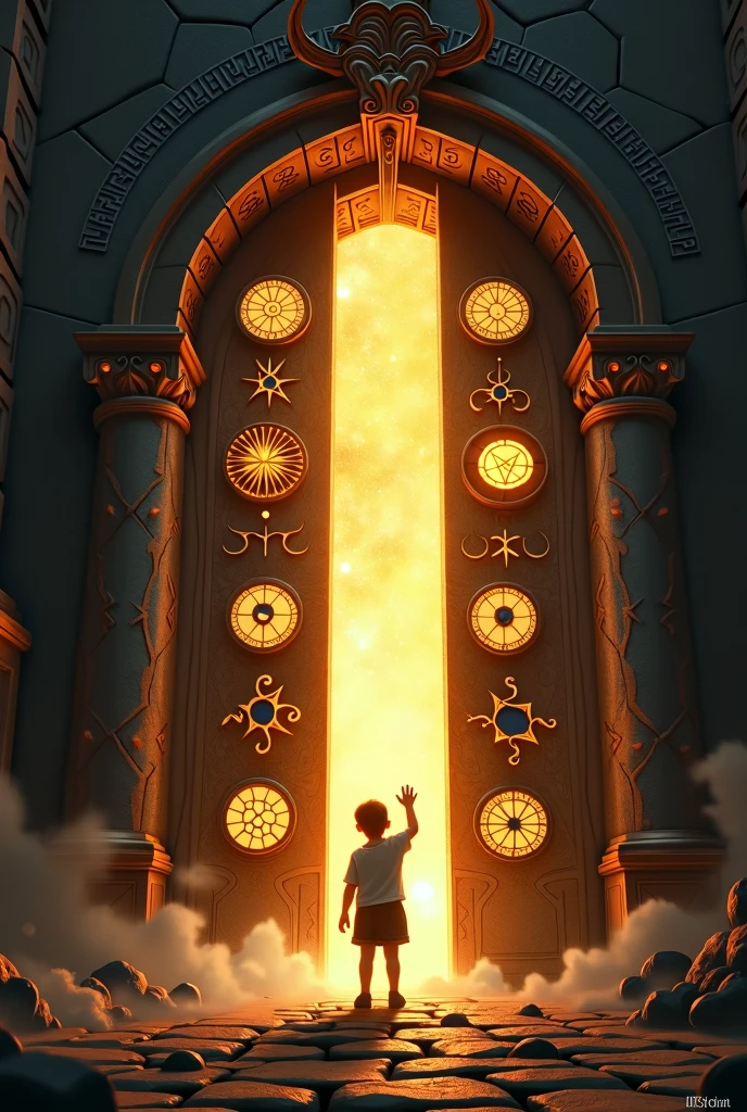 The gate should be intricately designed with glowing, 8 mystical symbols and patterns, and it should emit a bright, golden light from the opening. The child, facing away from the viewer, is reaching out toward the light. The surrounding environment is dark and shadowy, creating a stark contrast with the golden light. The overall atmosphere should evoke a sense of mystery, wonder, and the beginning of an adventure, with the glowing symbols suggesting magic or hidden knowledge