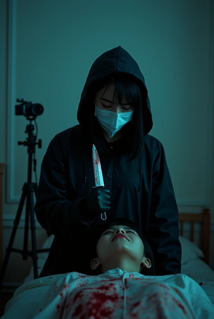 korean girl, (behind stiff, holding knife), surgical mask, black leather gloves, room, black raincoat, hood up, holding knife, leather gloves, woman on top, behind cadaver, blood splatter, bed room, night, mass murderer, killer, short hair, blood splatter, dark atmosphere, cinematic lighting, atmospheric realistic, neon lighting, close-up, tripod and camera in the back, shooting with camera