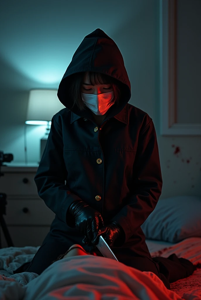korean girl, (behind stiff, holding knife), surgical mask, black leather gloves, room, black raincoat, hood up, holding knife, leather gloves, woman on top, behind cadaver, blood splatter, bed room, night, mass murderer, killer, short hair, blood splatter, dark atmosphere, cinematic lighting, atmospheric realistic, neon lighting, close-up, tripod and camera in the back, shooting with camera
