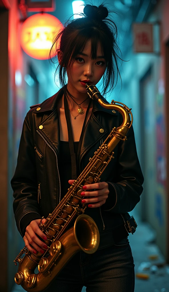 photo-realistic, ultra-realistic, very beautiful Japanese, famous Japanese idol, 25 years old, dramatic scene, masterpiece, beautiful eyes, playing the sax as a street punk rock musician, dynamic pose, dynamic angle,