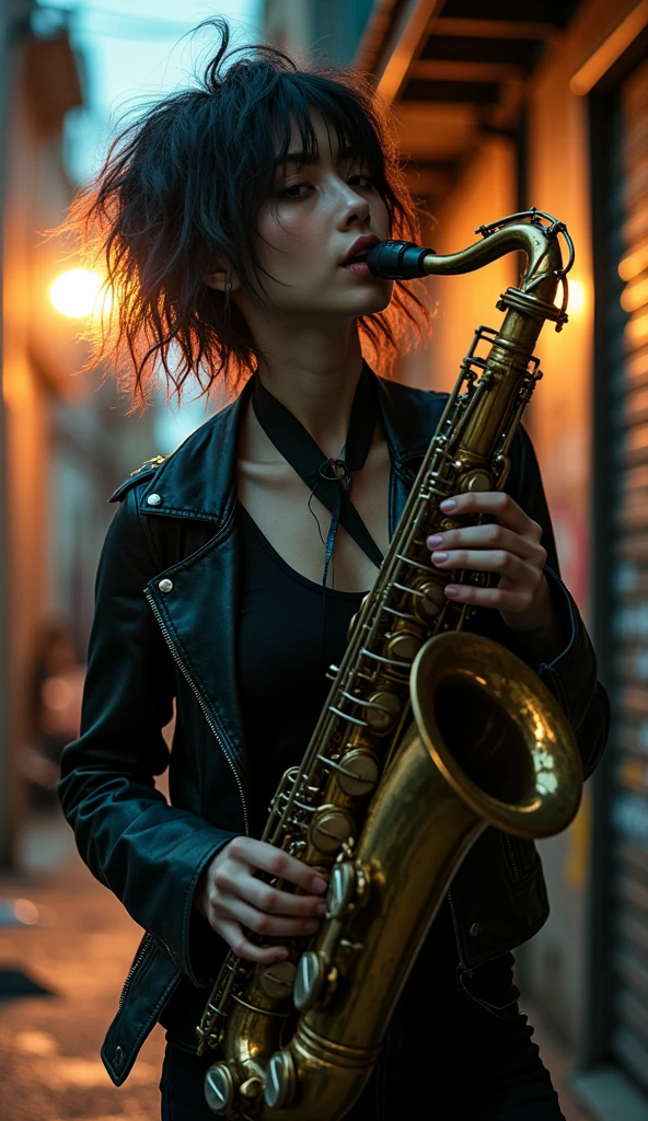 photo-realistic, ultra-realistic, very beautiful Japanese, famous Japanese idol, 25 years old, dramatic scene, masterpiece, beautiful eyes, playing the sax as a street punk rock musician, dynamic pose, dynamic angle,