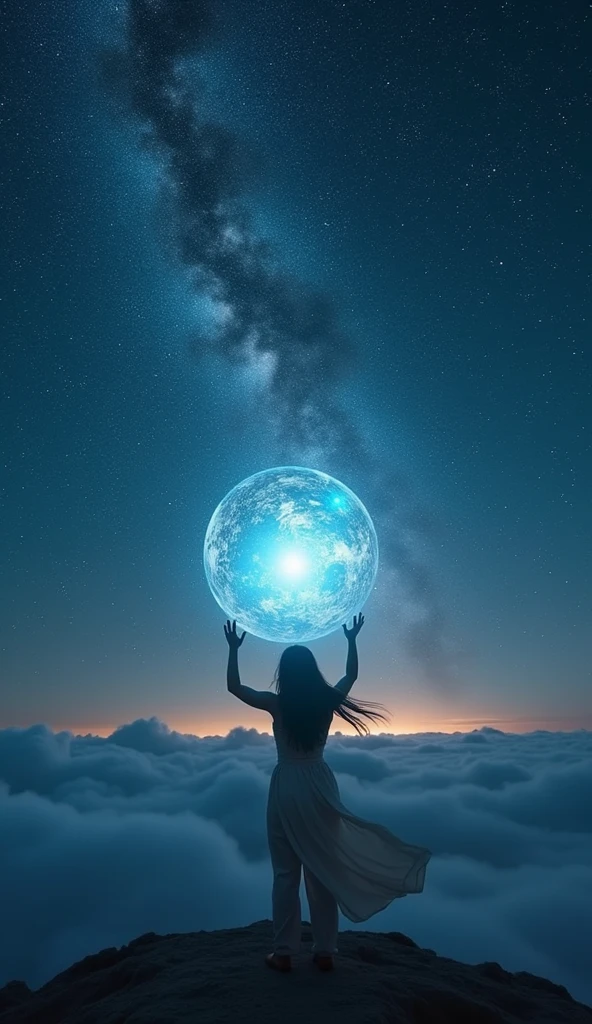 A person standing in front of a vast horizon, holding a glowing, vibrant dream in their hands. The sky is filled with stars, and the person’s posture exudes confidence and determination.