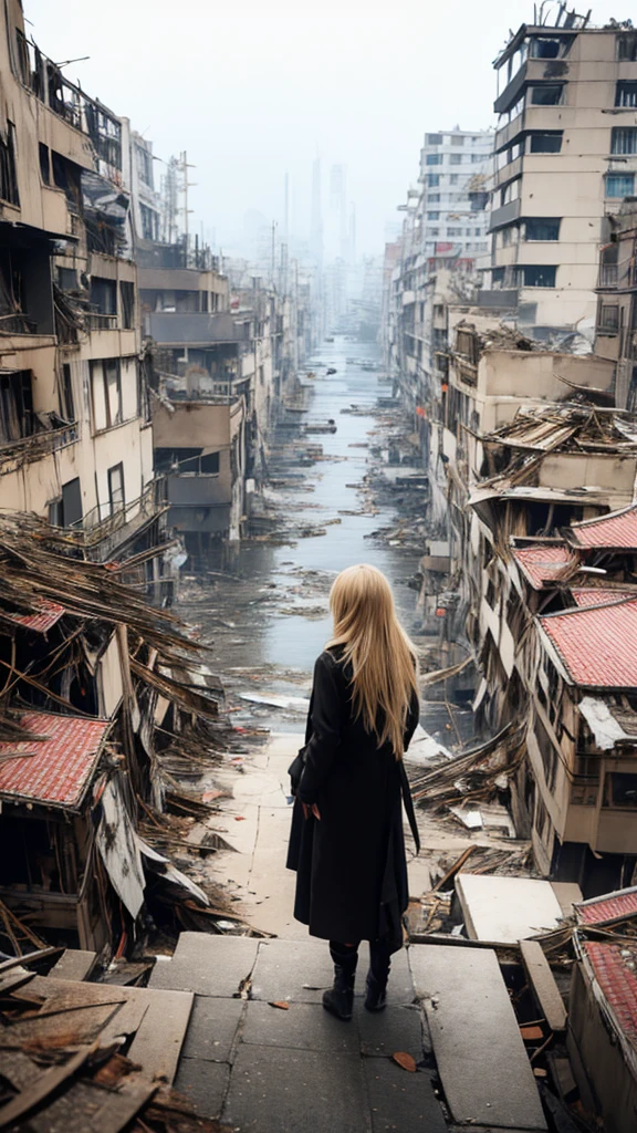 １people々々々々々々々々々々,Blonde long-haired woman，Long coat， Dress Silhouette， Rear View， Anime Style, Looking down at the city buried in rubble from the rooftop.，Collapsed building，Seeing missiles cover the sky，