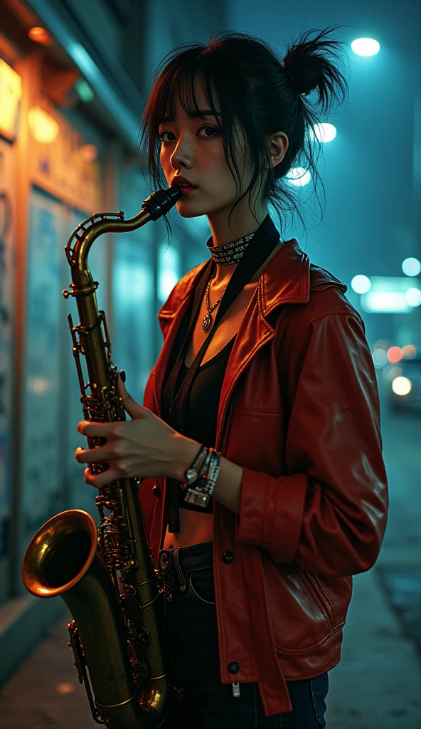 photo-realistic, ultra-realistic, very beautiful Japanese, famous Japanese idol, 25 years old, dramatic scene, masterpiece, beautiful eyes, playing the sax as a street punk rock musician, dynamic pose, dynamic angle,