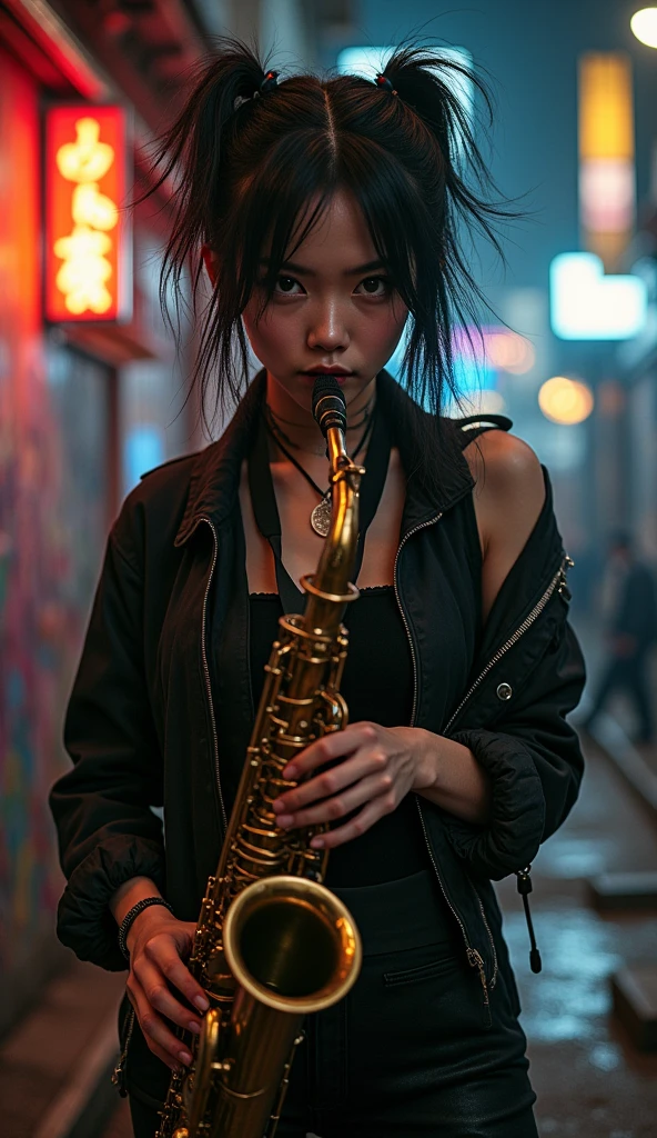 photo-realistic, ultra-realistic, very beautiful Japanese, famous Japanese idol, 25 years old, dramatic scene, masterpiece, beautiful eyes, playing the sax as a street punk rock musician, dynamic pose, dynamic angle,