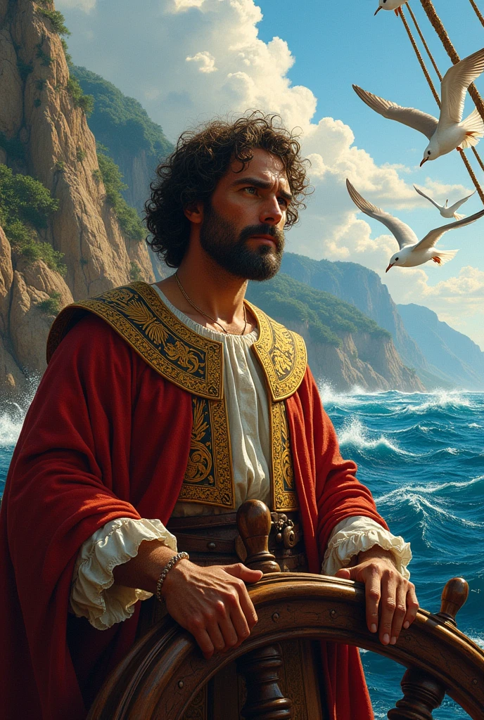 A depiction of Christopher Columbus on a ship, with the American coast in the background.