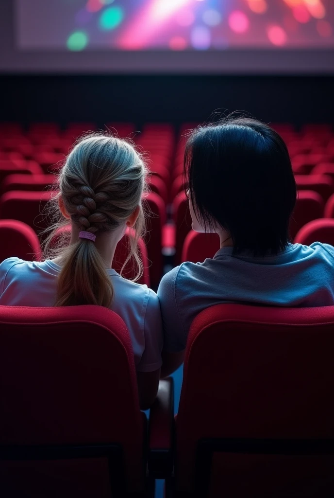 Blonde girl with a man with straight black hair in the cinema watching a movie (Let it not be noticed that there is love)