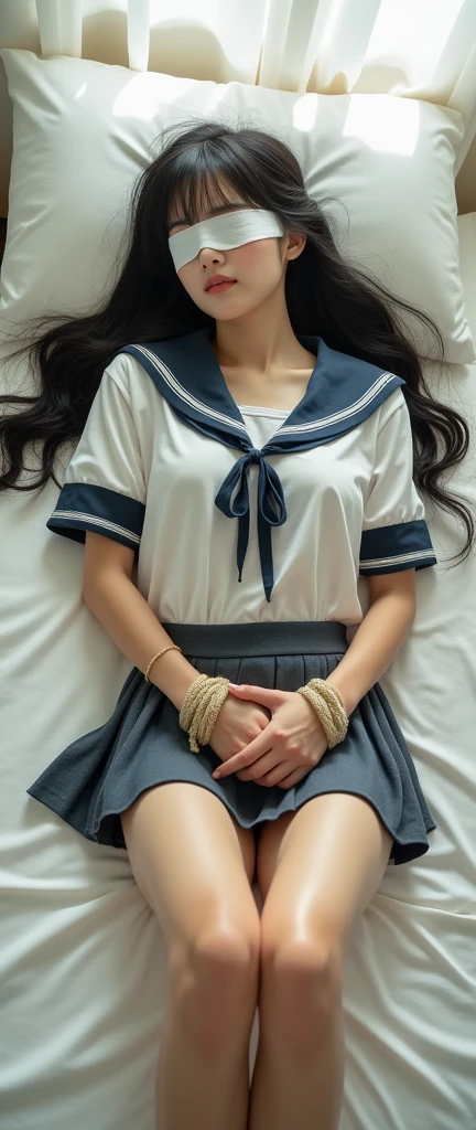 Japanese women　Black Hair　Long Hair　bed　In a sailor school uniform　Blindfolded, hands and feet tied with rope　Bird View　(Full Body:1.4)　Bright room　(White panties visible through the skirt:0.5)　Lie