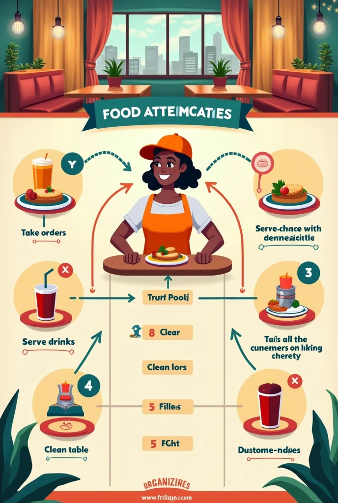 Create a graphic organizer about duties & responsibilities of a food attendant make it CREATIVE and UNIQUE 
 