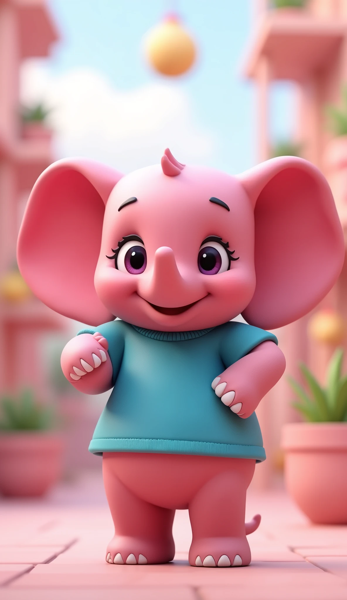 Perfect centering, Looking at the camera, standing position, a close up 2/3 of a cartoon pink elephant wearing a blue shirt, 3 d animation demo reel, 3d animation, 3 d animation, 3 d animated movie, 3d animated, 3 d animated, tv commercial, clay animation, cgi animation, cute! c4d, cute 3 d render, pixar 3 d animation style, 4 k, 3 d cartoon