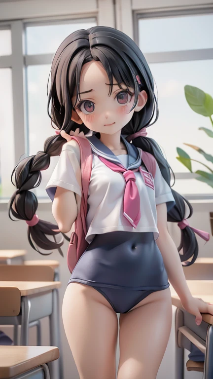 Girl、Primary school students、small、sharp、Black Hair,、Pigtails、Braid、The forehead is visible、Forehead、School Swimsuit、whole body、