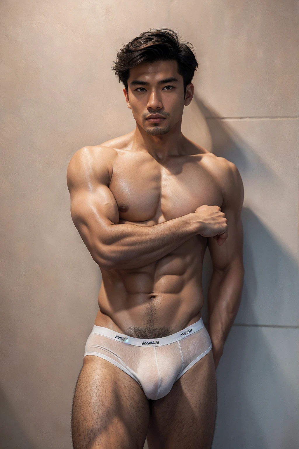 (Asian Man portrait:1.5),Masterpiece:1.5, Best quality:1.5, Solo:1.5,Asian Man:1.5,white wall background:1.5, skinny boy body:1.5, muscle body:1.5,sport body:1.5, big muscle:1.5, Handsome face:1.5,Dark Brown Hair Color:1.5,Natural eyes:1.5, athletic physique:1.5, slender:1.5,body hair:1.5, He was wearing tight White Calvin Klein underwear and curved legs.:1.5, perfect:1.5 , male:1.5,correct male scrotum:1.5, perfect scrotum:1.5, male structure:1.5, short detailed hair:1.5, Sexy guy:1.5, looking at viewer:1.5, standing:1.5,highest detail:1.5, superior quality:1.5, natural lighting, beautiful:1.5, sexy:1.5,correct anatomy:1.5, good composition:1.5, man focus:1.5,amazing composition:1.5, front view:1.5, HDR, volumetric lighting, ultra quality, elegant:1.5,vpl,the middle of the picture:1.5,Clear Focus: 1.5,Perfect Body virile: 1.5,pale skin:1.5, very pale skin:1.5, light skin:1.5,(Perfect fingers:1.5), (perfect arm shape:1.5),(perfect leg shape:1.5),(perfect body shape:1.5),(bulky bulge and medium butt:1.5),Undercut Hairstyle:1.5