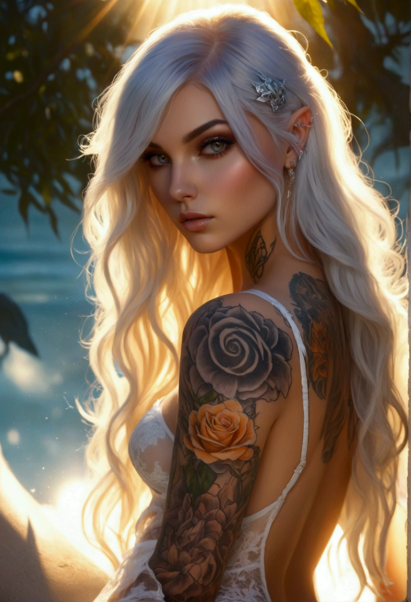 Create a hyper detailed photograph of a tattooed sexy young female deathknight, Stunningly perfect gorgeous feminine face, perfect makeup, detailed vibrant eyes, platinum dutch hair, long detailed beautiful legs, detailed beautiful arms, big thighs, detailed silky smooth skin, large natural perky breast, thick round ass, white thin transparent sundress, facing viewer, sun rays illuminating the dress,
