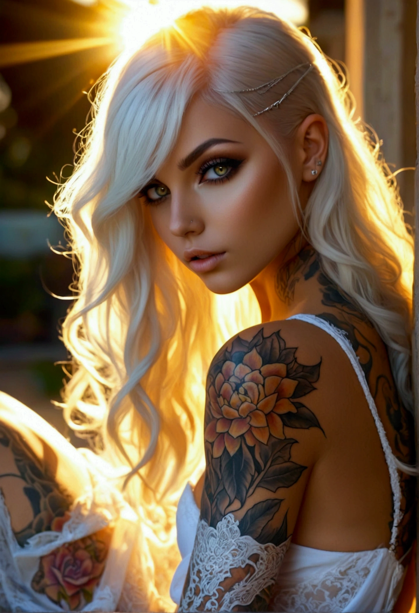 Create a hyper detailed photograph of a tattooed sexy young female deathknight, Stunningly perfect gorgeous feminine face, perfect makeup, detailed vibrant eyes, platinum  dutch hair, long detailed beautiful legs, detailed beautiful arms, big thighs, detailed silky smooth skin, large natural perky breast, thick round ass, white thin transparent sundress, facing viewer, sun rays illuminating the dress,