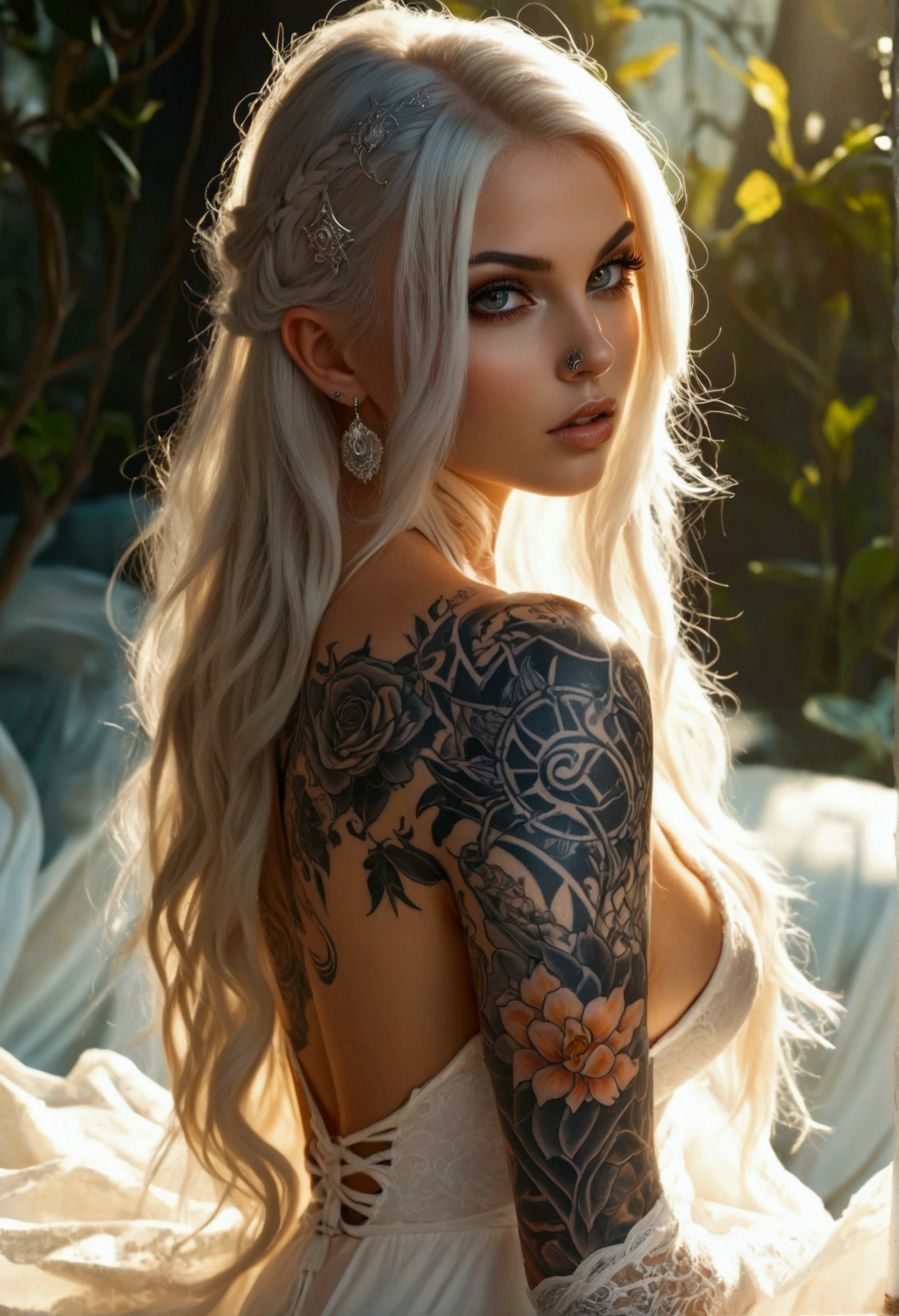 Create a hyper detailed photograph of a tattooed sexy young female deathknight, Stunningly perfect gorgeous feminine face, perfect makeup, detailed vibrant eyes, platinum  dutch hair, long detailed beautiful legs, detailed beautiful arms, big thighs, detailed silky smooth skin, large natural perky breast, thick round ass, white thin transparent sundress, facing viewer, sun rays illuminating the dress,