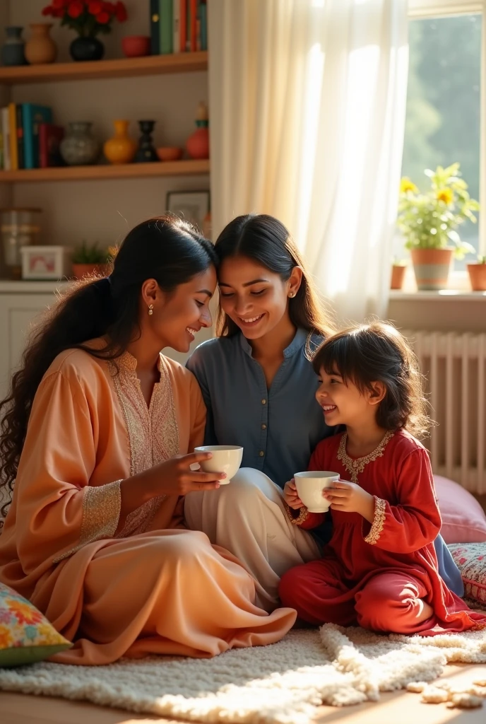 3 sisters are sitting on the floor, drinking tea,  older one is 22 years old, young lady, tanned skin, wearing light orange colour designed shalwar kameej,   middle one 20 years old, young lady, tallest,white skin,wearing dark blue tunic and white loose trouser,a scarf,   little one 11 years old, young girl, small hair,white skin,wearing red colour half pant and red colour fotua( top)