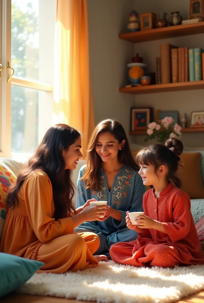 3 sisters are sitting on the floor, drinking tea, older one is 22 years old, young lady, tanned skin, wearing light orange colour designed shalwar kameej, middle one 20 years old, young lady, tallest,white skin,wearing dark blue tunic and white loose trouser,a scarf, little one , young girl, small hair,white skin,wearing red colour half pant and red colour fotua( top)
