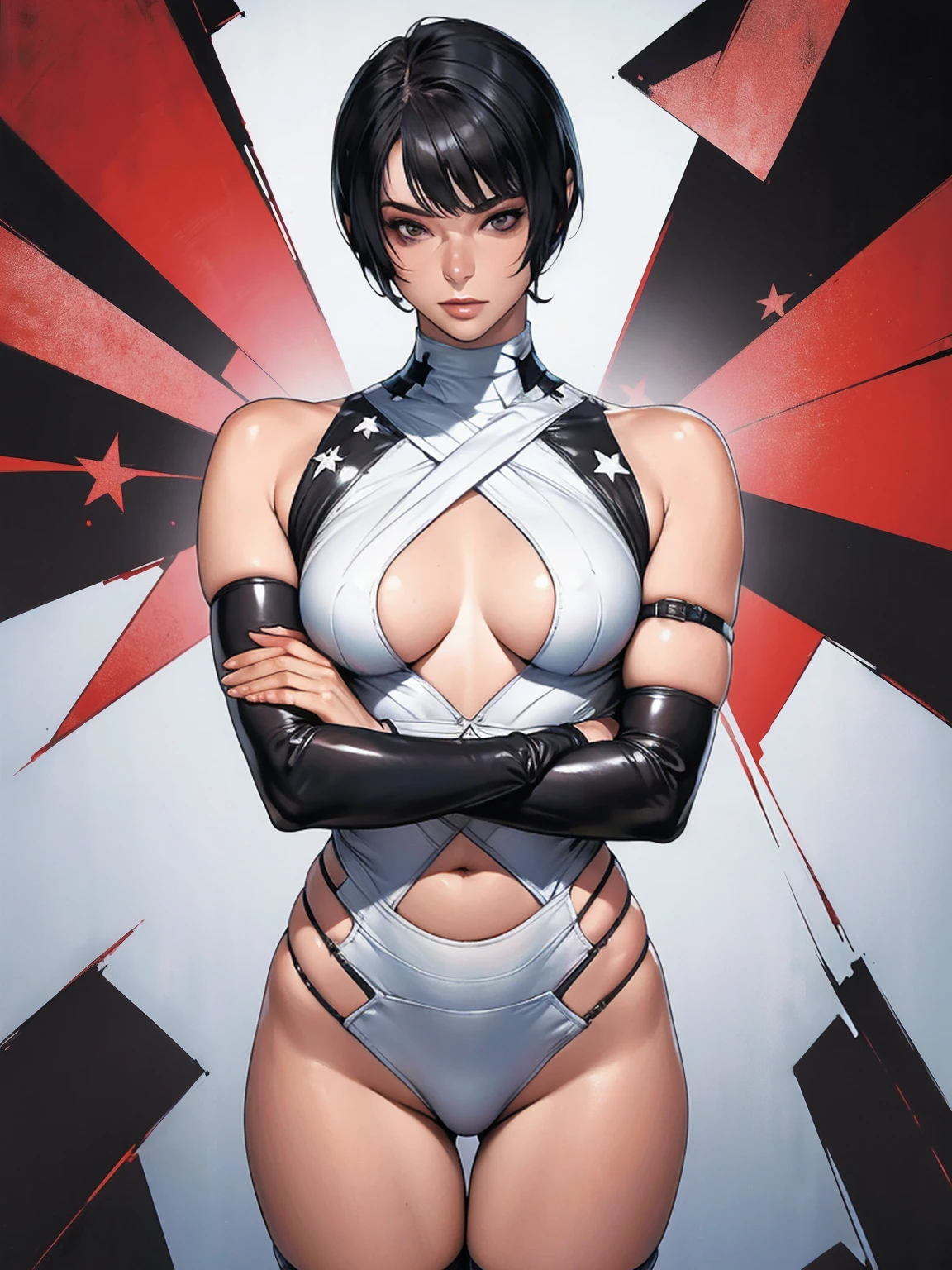 (((Dark random colors with white stars and red and white checkerboard pattern))), (((Woman))), (((best qualityer))), (((​masterpiece))), (((grown-up))), (((1 girl))), ((( short black hair ))), ((( short cut hair ))), (((random colors))), Uma lutadora de WWE cyberpunk Woman de 25 anos com corpo perfeito, clean  face, (( bandaged arms )), (((MMA fighter glove))), tiny leather panties, armor with intricate textures, almost naked in Simon Bisley&#39;s wild urban style for the cover of Heavy Metal magazine, Spectacular colorful graphics, Minimal clothing, Metal protection on the left arm with complex graphics, dynamic angle, (((from the knee up))), ((( shoulder hair ))), In the background is a ring with an intricate design by Shepard Fairey