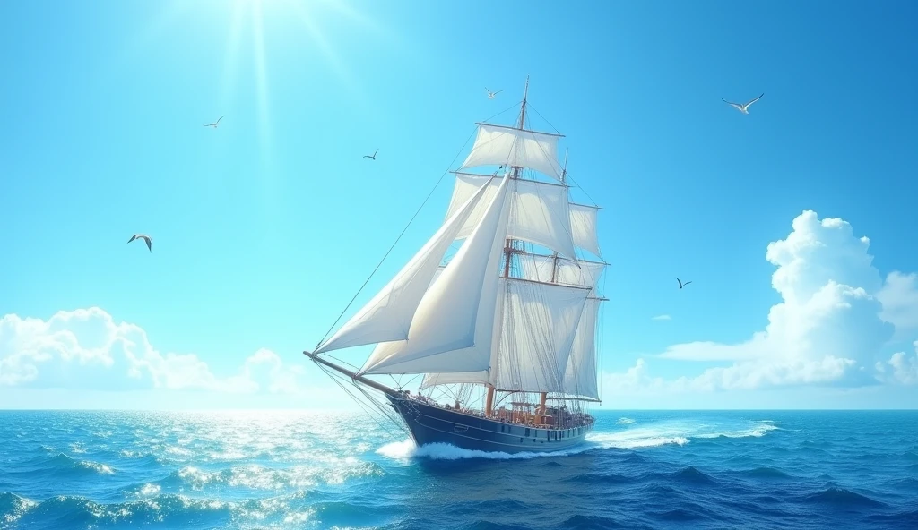 A clear blue sky in front of a ship on the sea