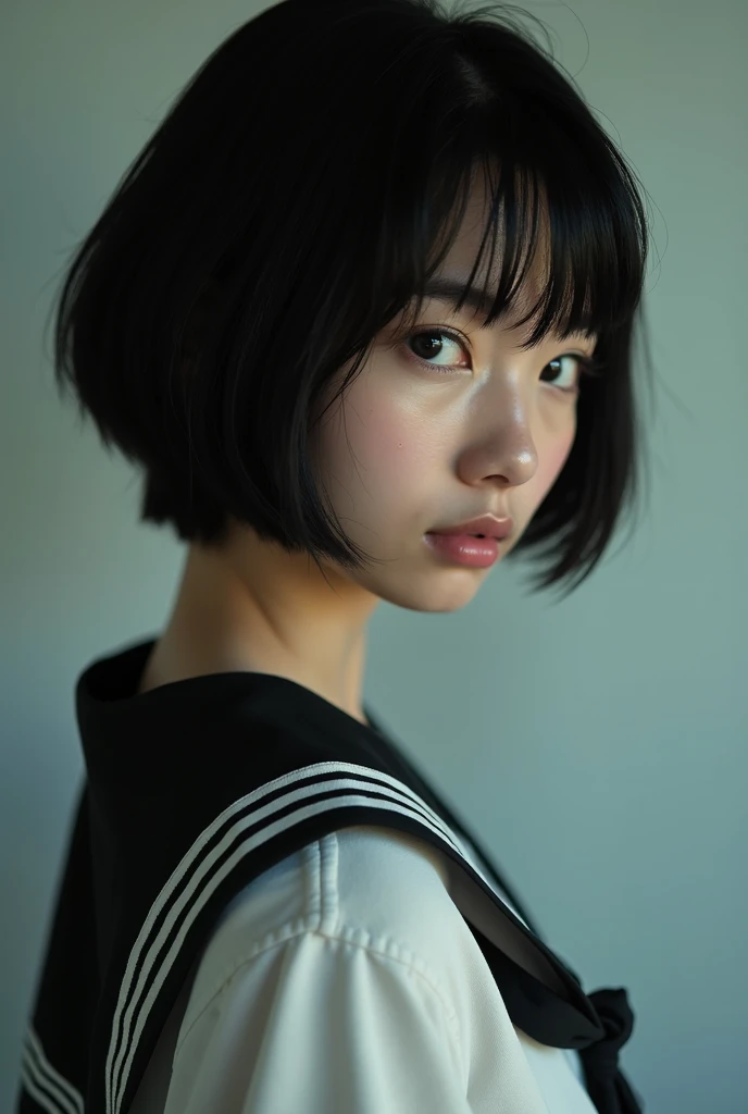 Realistic glowing skin, (sweating:1.8),Stand backwards,Look back at your face,Always look at the camera, (When the uniform gets wet with sweat, it becomes transparent..:1.6),(sweating:1.4),(Nipples are visible:1.9),
Classic black and white sailor uniform,Summer clothes,Cold look,Cold Stare,Black Hair,short hair,Tie your hair short,Silky translucent white skin,best Realistic depiction,(Very detailed美しい顔), Great face and eyes, (Highest quality:1.4), (Very detailedな), (Very detailed CG 統合 8k 壁紙), Very detailed, High resolution raw color photos, Professional photography, Realistic portrait,
(Detailed RAW photos of the girl's whole body), Canon EOS R5 250mm, Sharp focus, Cinema Lighting, (No makeup:1.2), Fine skin, Delicate collarbone,Fine texture of the sailor uniform,Very Realistic sailor uniform texture,(Ultra-high resolution:1.6), (Realistic:1.6),