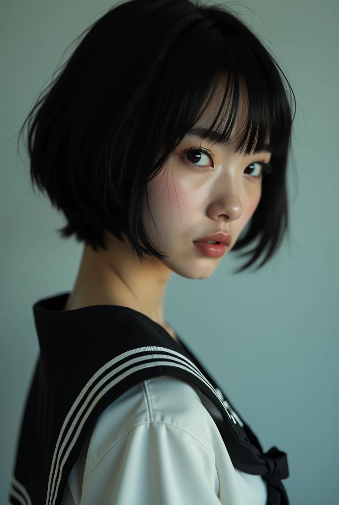 Realistic glowing skin, (sweating:1.8),Stand backwards,Look back at your face,Always look at the camera, (When the uniform gets wet with sweat, it becomes transparent..:1.6),(sweating:1.4),(Nipples are visible:1.9),
Classic black and white sailor uniform,Summer clothes,Cold look,Cold Stare,Black Hair,short hair,Tie your hair short,Silky translucent white skin,best Realistic depiction,(Very detailed美しい顔), Great face and eyes, (Highest quality:1.4), (Very detailedな), (Very detailed CG 統合 8k 壁紙), Very detailed, High resolution raw color photos, Professional photography, Realistic portrait,
(Detailed RAW photos of the girl's whole body), Canon EOS R5 250mm, Sharp focus, Cinema Lighting, (No makeup:1.2), Fine skin, Delicate collarbone,Fine texture of the sailor uniform,Very Realistic sailor uniform texture,(Ultra-high resolution:1.6), (Realistic:1.6),
