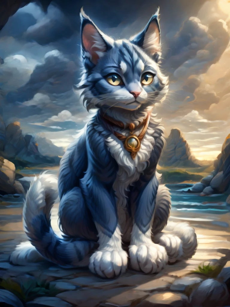 A cat from a fantasy world with navy blue fur, sitting looking at the landscape